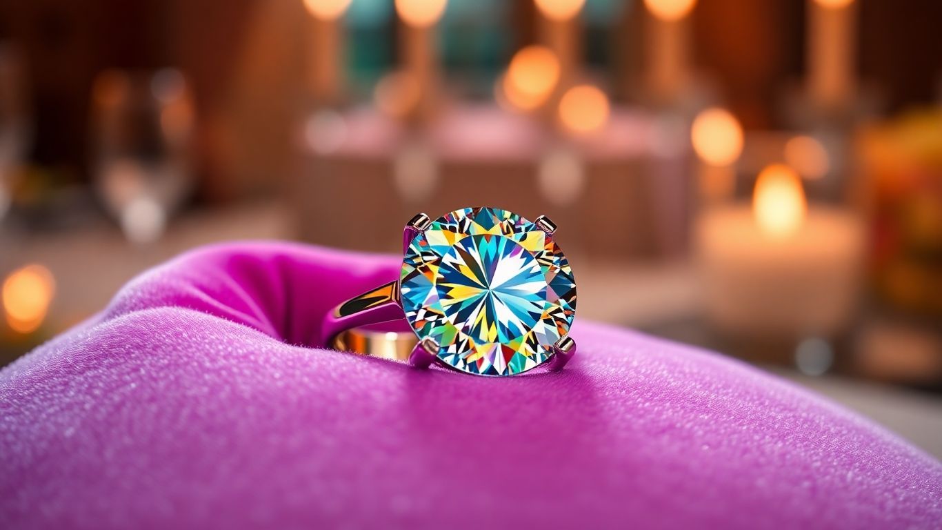 Sparkling moissanite ring on velvet cushion, dazzling light.