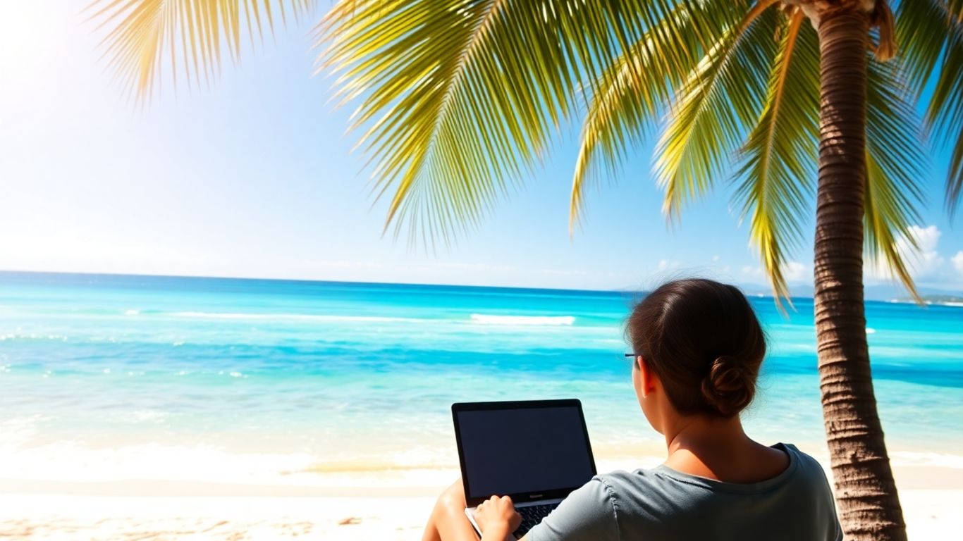 Person working remotely on Australian beach with laptop.