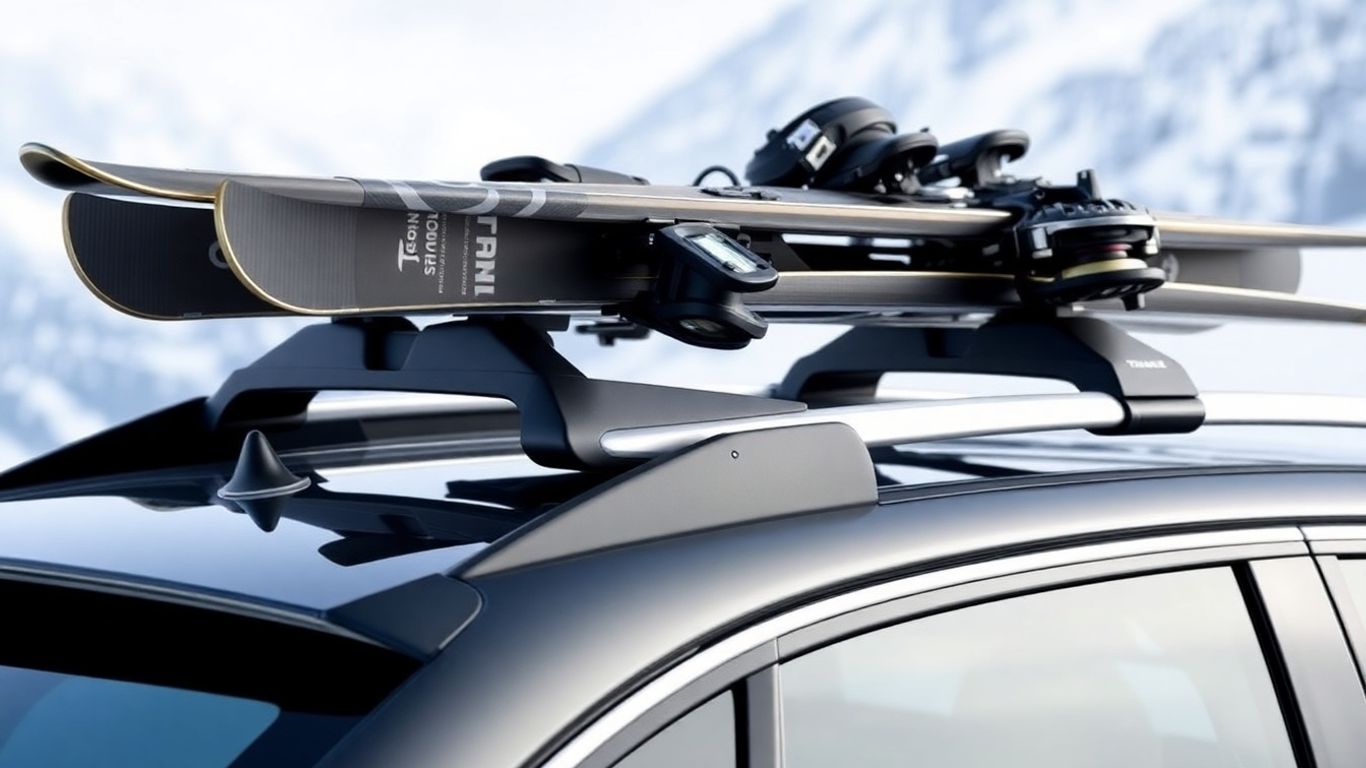 Thule SnowPack Extender rack carrying skis on a car roof.