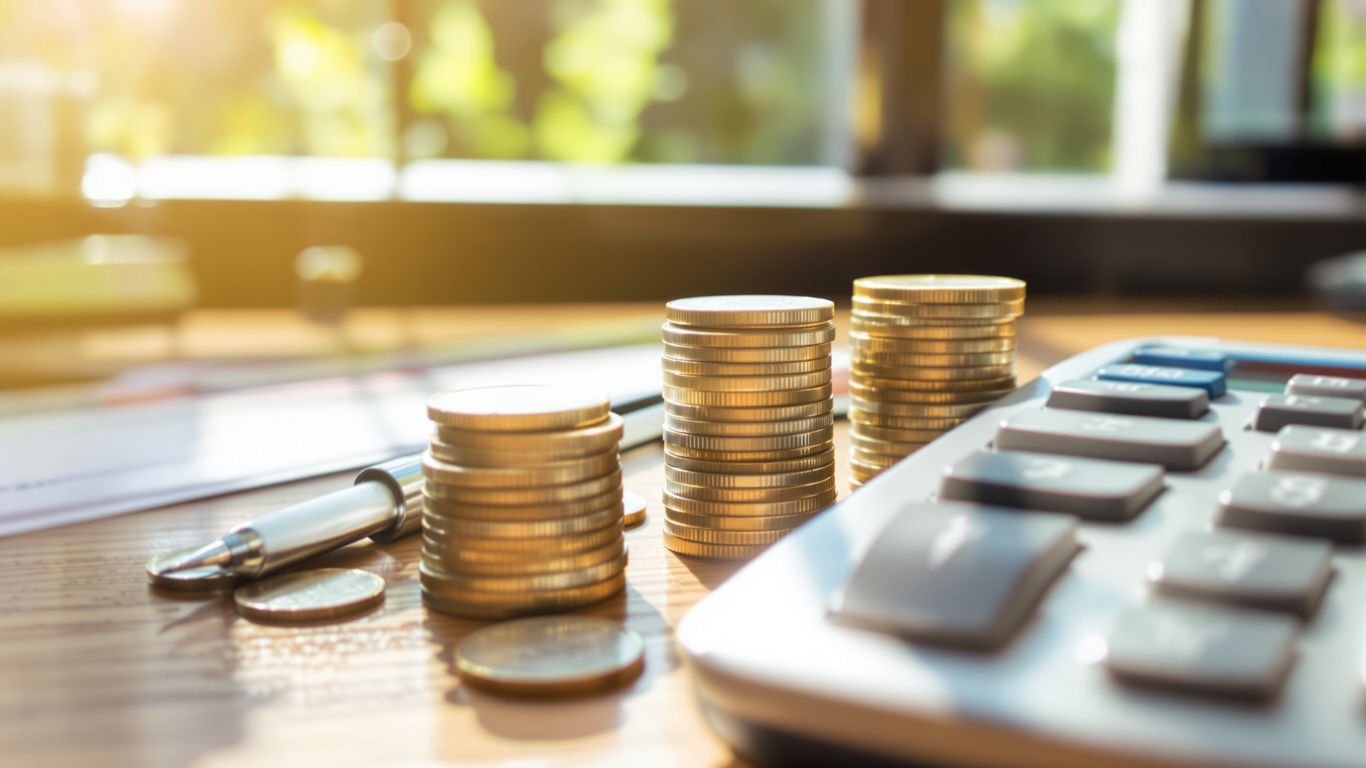 Coins and calculator on a desk.