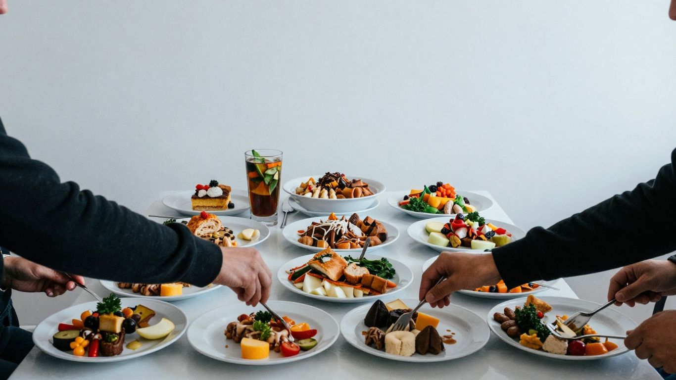 Buffet table with diverse dishes and guests serving themselves.