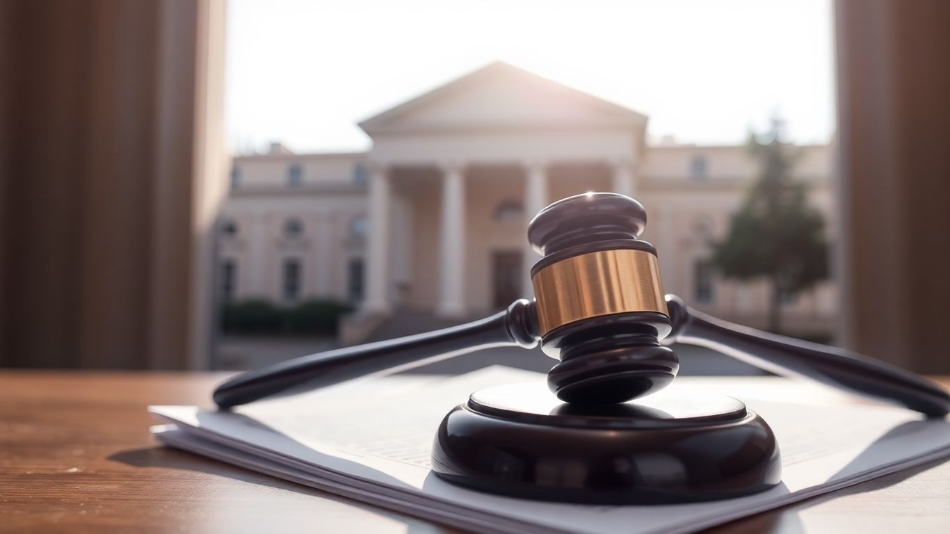 Gavel on legal documents with courthouse background.