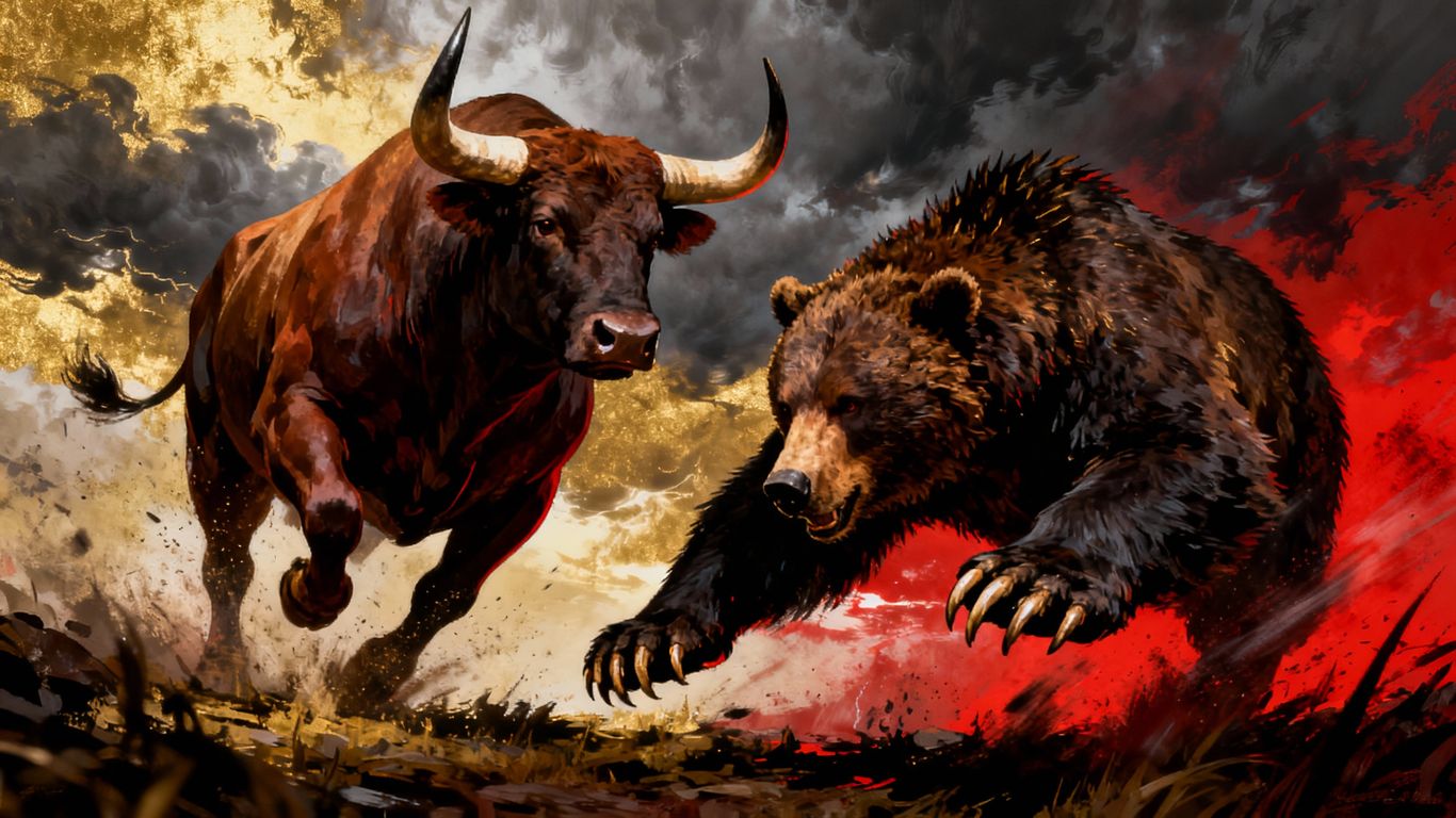 Bull and bear figures in a dramatic, stormy market setting.