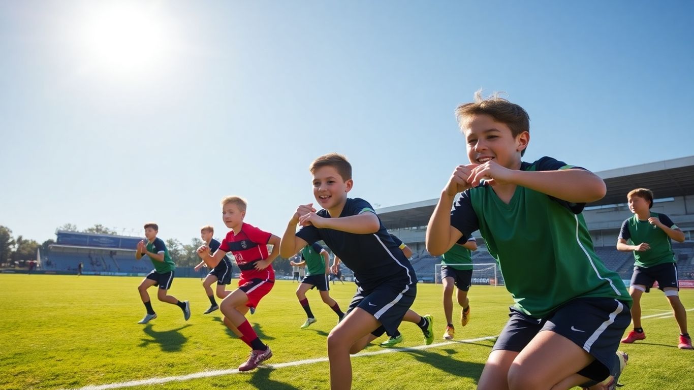 Young footballers training on a sunny field