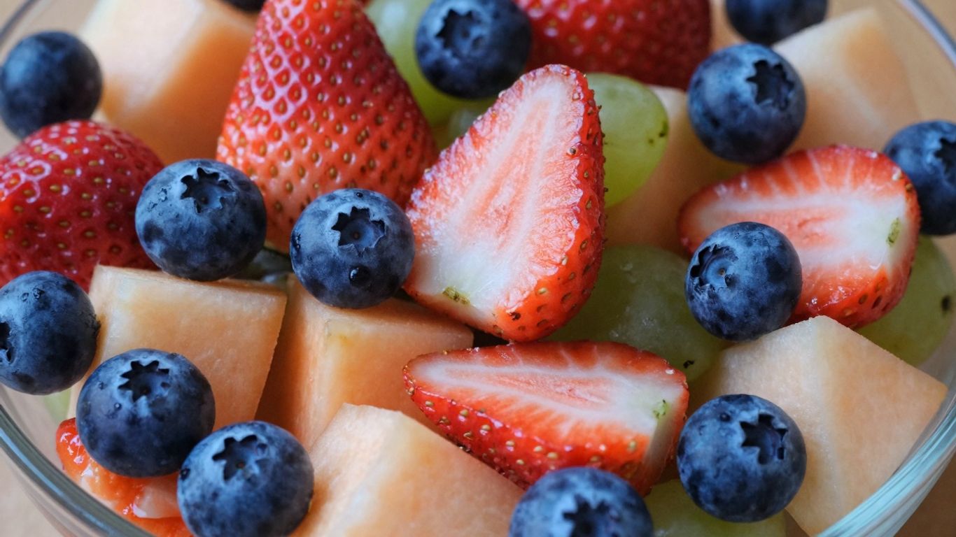 Colorful fruit salad in a clear bowl, close-up shot.