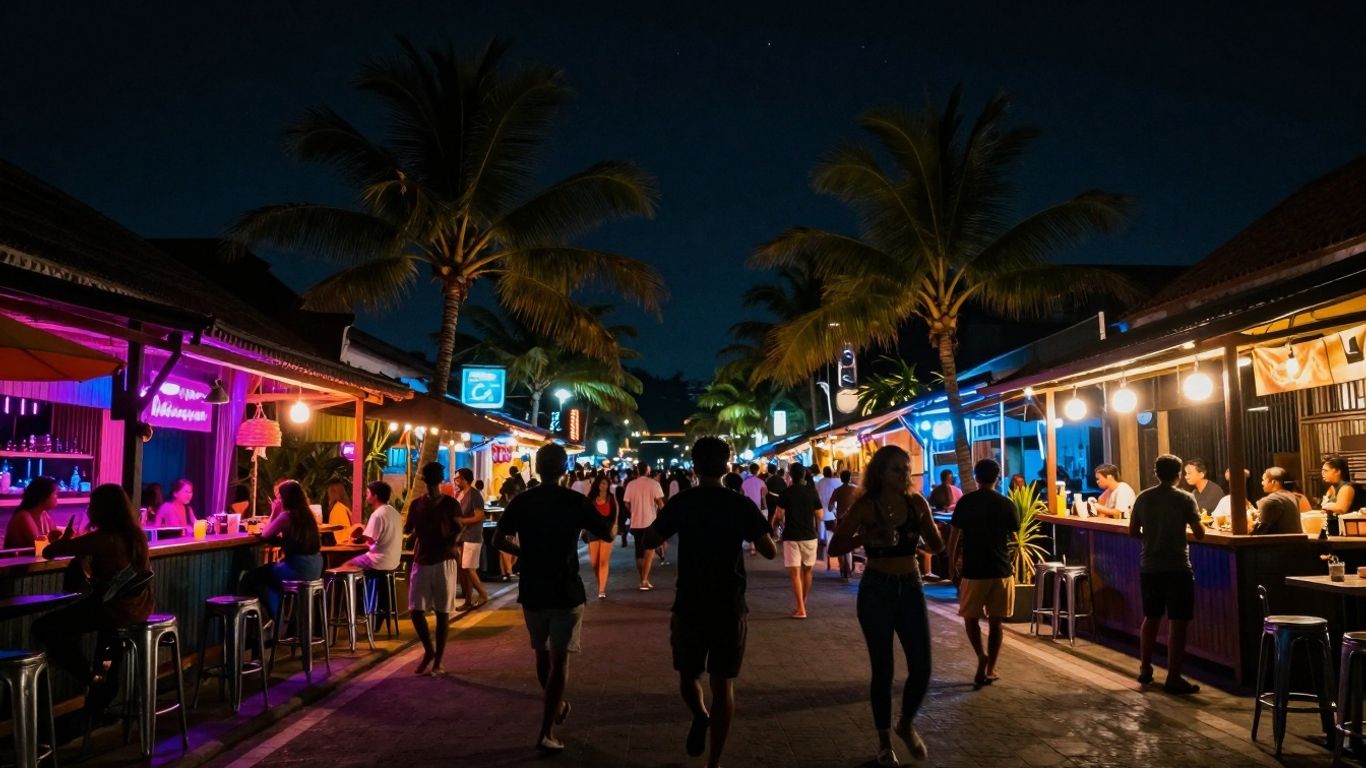 Seminyak nightlife scene with neon lights and dancing people.