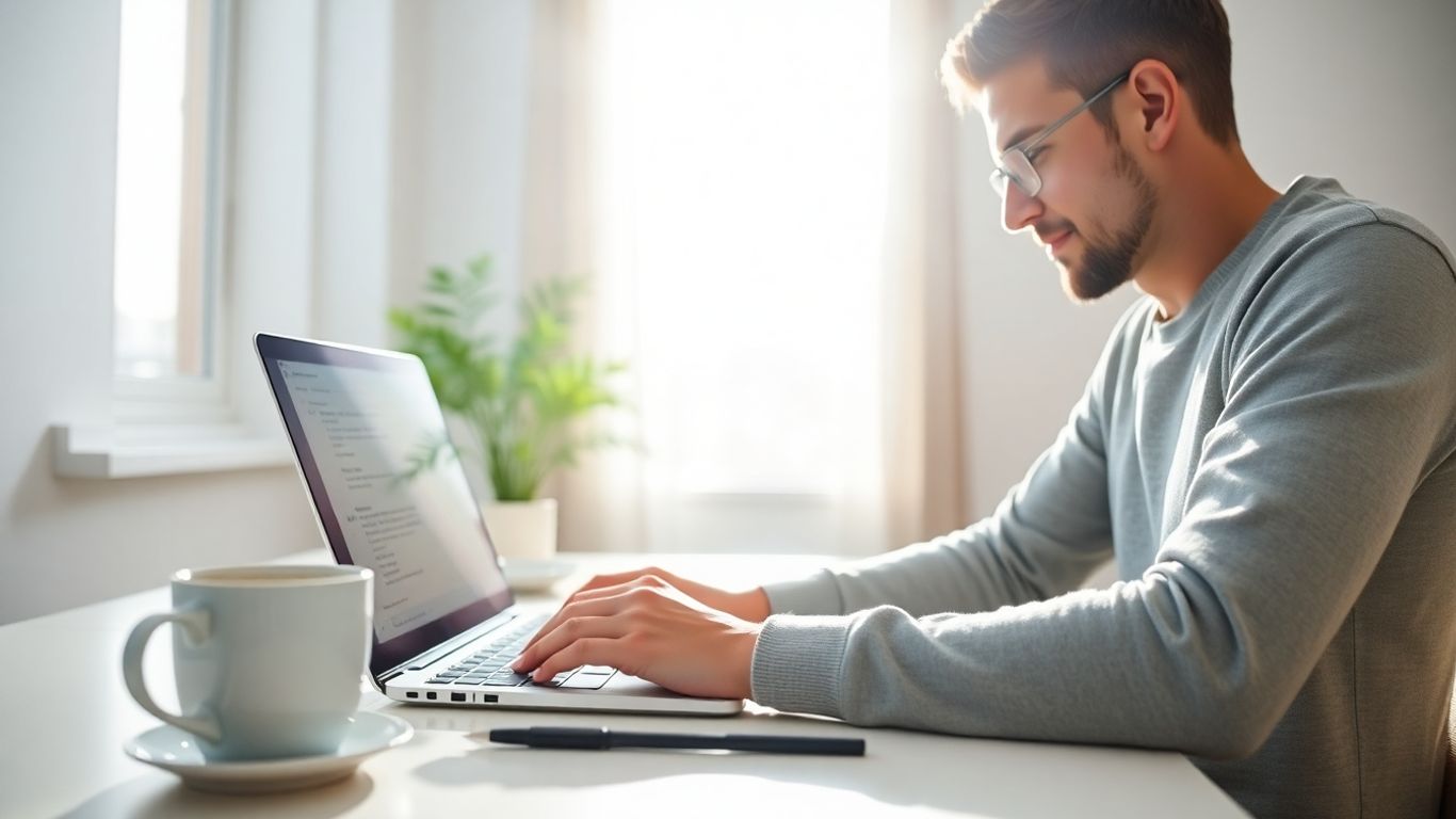 Persoană lucrând la laptop într-un birou modern de acasă.