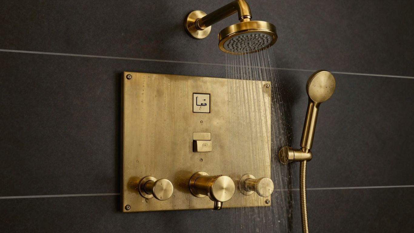 Brass concealed shower set in a modern bathroom.