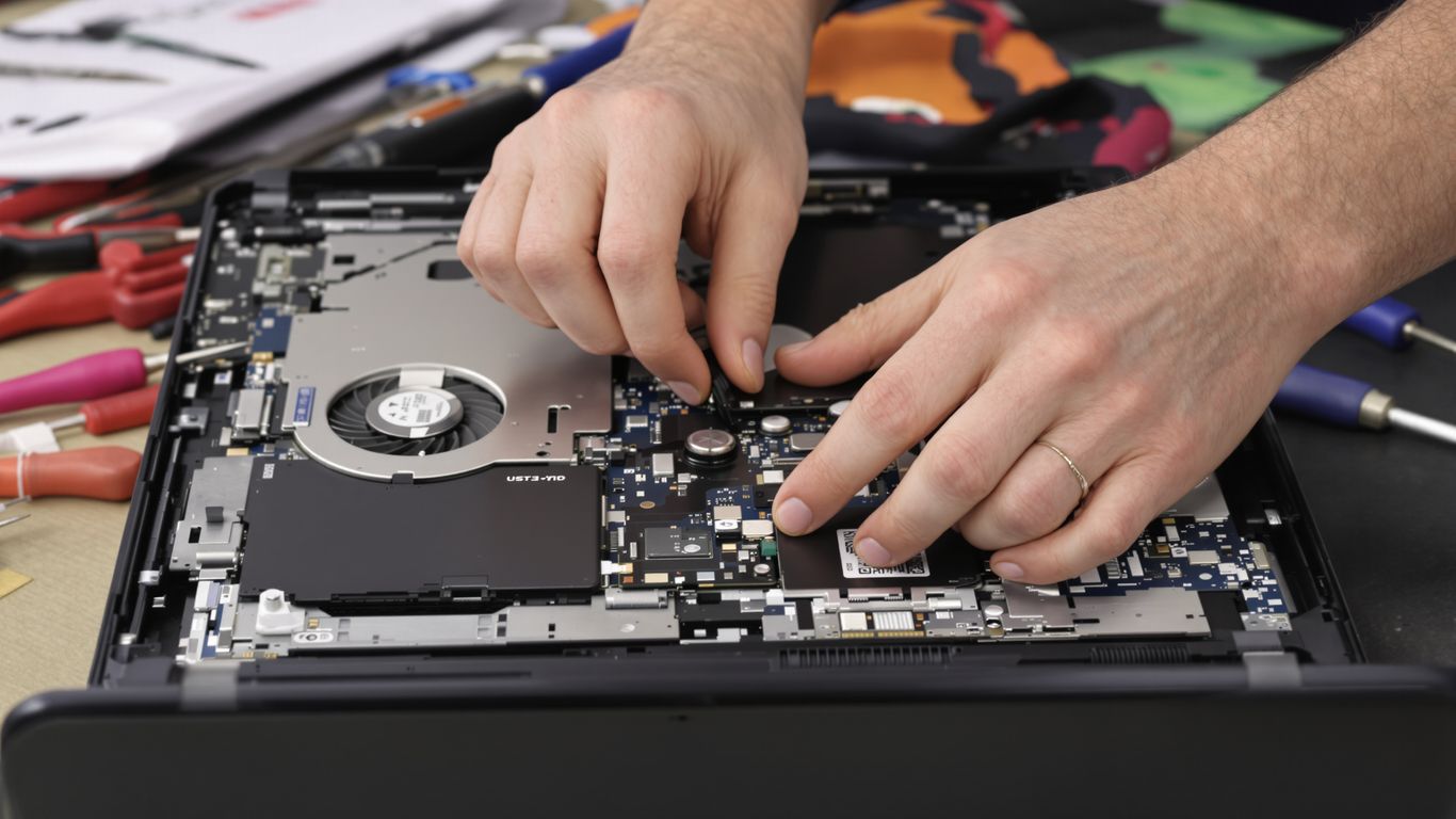 Technician repairing laptop internals with tools.