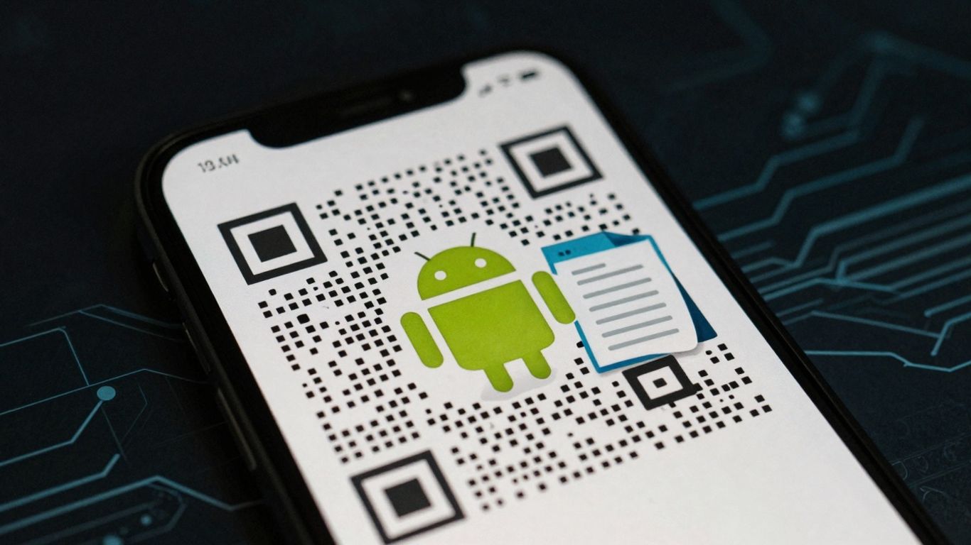 Smartphone scanning QR code with Android malware threat.