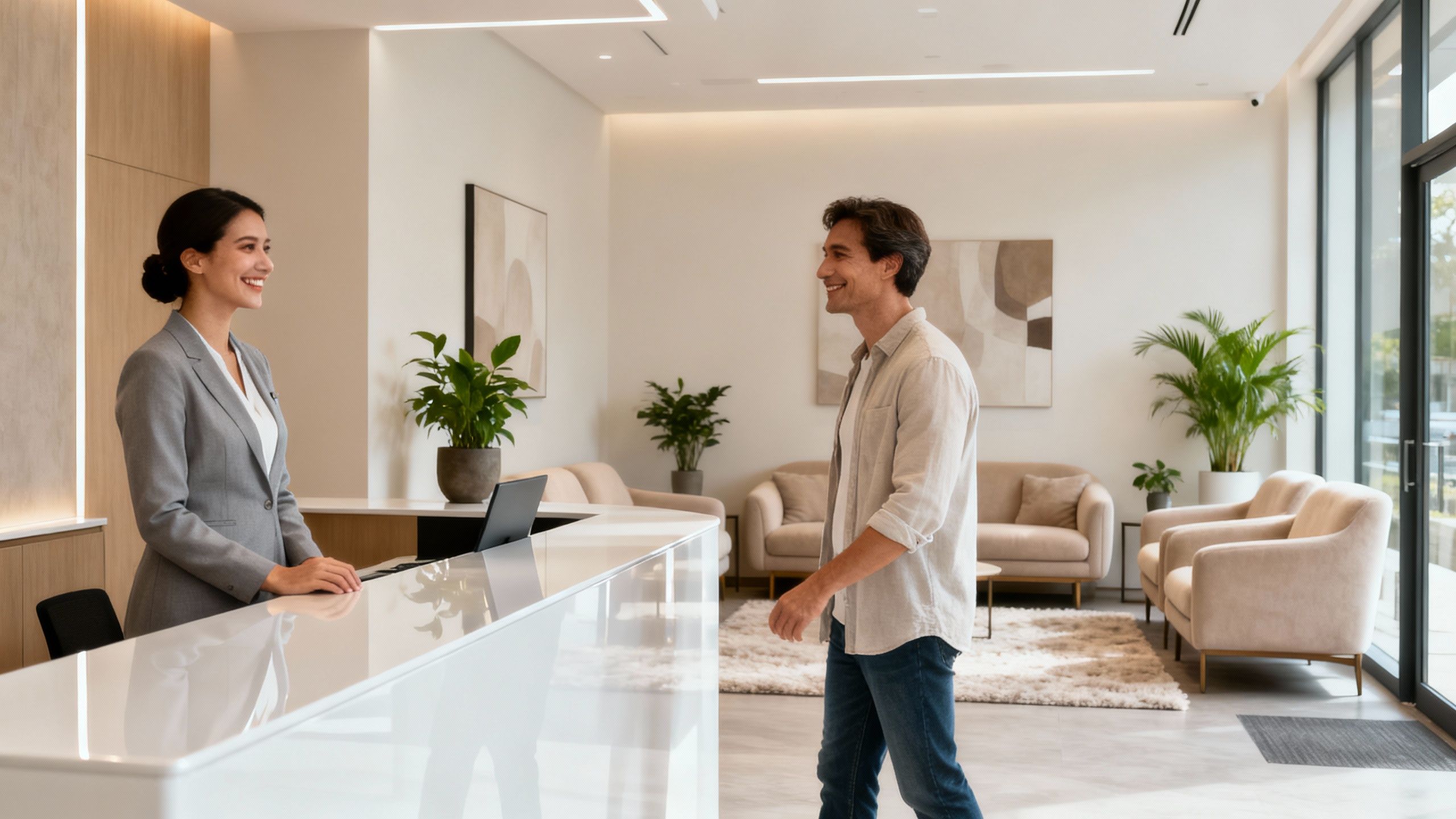 Aesthetics clinic front desk with a smiling receptionist and a patient.