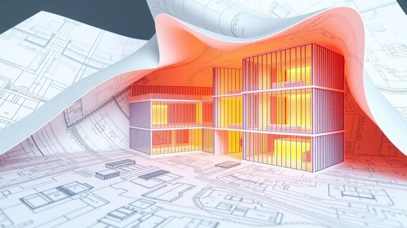 3D BIM architectural model on blueprint
