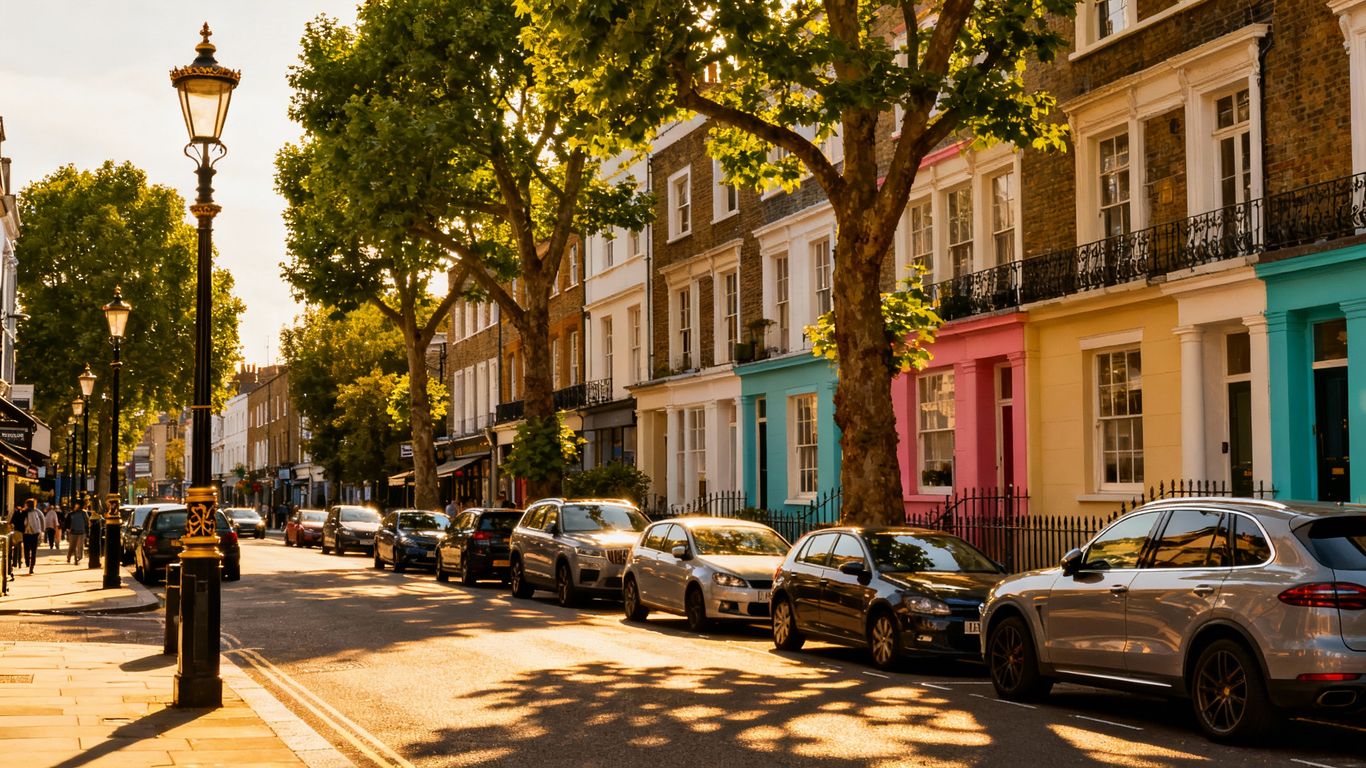 Parked cars in Camden London with colorful townhouses