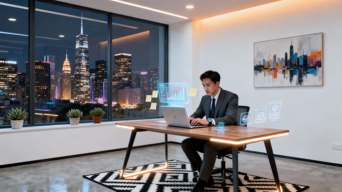 Modern office with city view and technology integration.