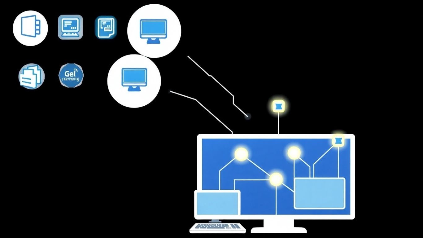 Remote desktop software icons connecting devices on a screen.