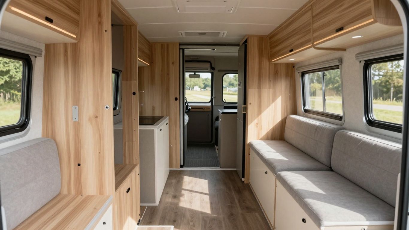 Aménagement intérieur de caravane avec systèmes modulaires.