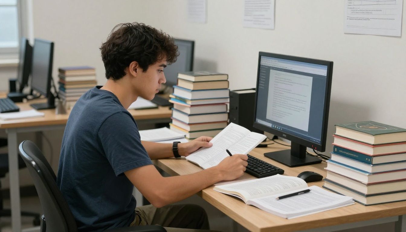 Pessoa estudando para concursos públicos rodeada de livros, computador e materiais de estudo, em um ambiente organizado e iluminado
