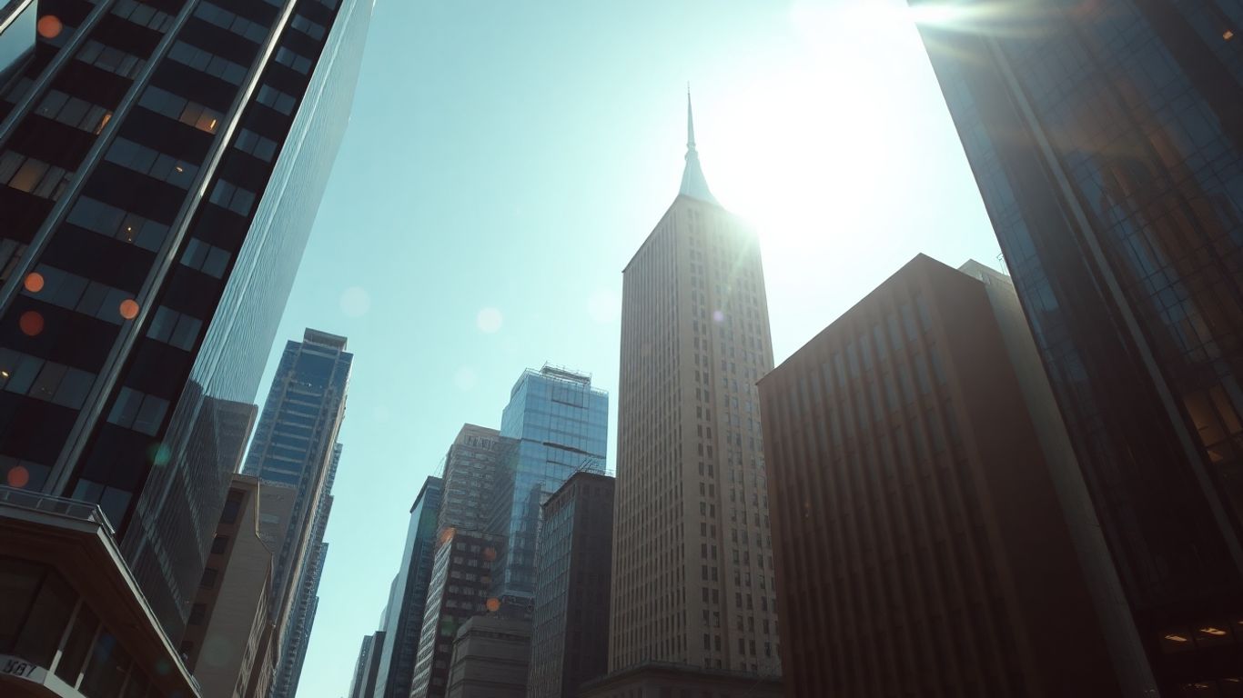 US financial district with abstract data points.