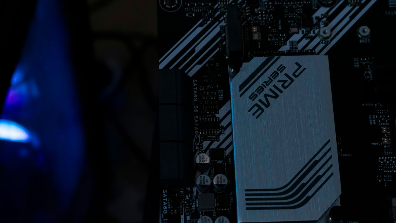 A computer motherboard is displayed with light.