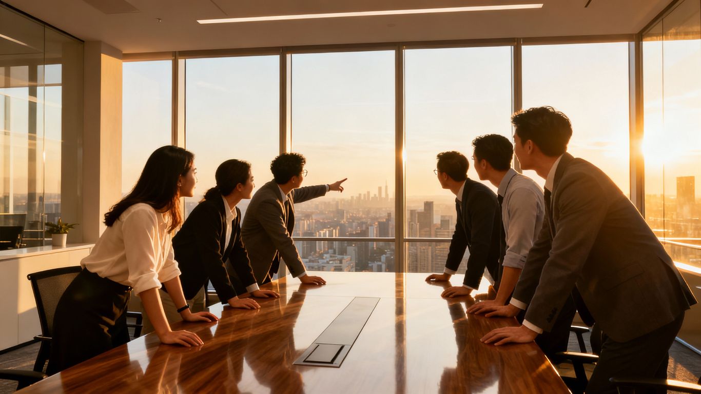 Agency professionals strategizing with a city view.