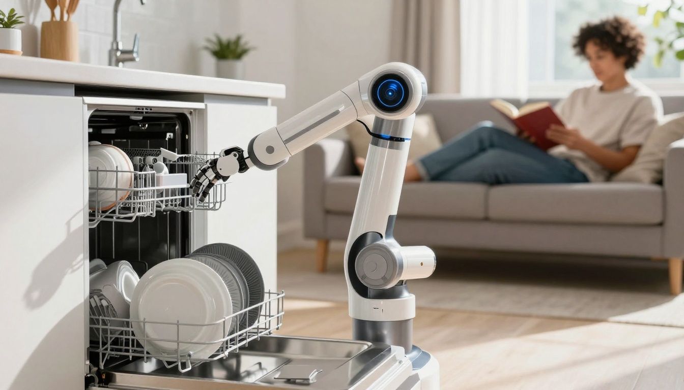 Robot cleaning kitchen, person relaxing on sofa.