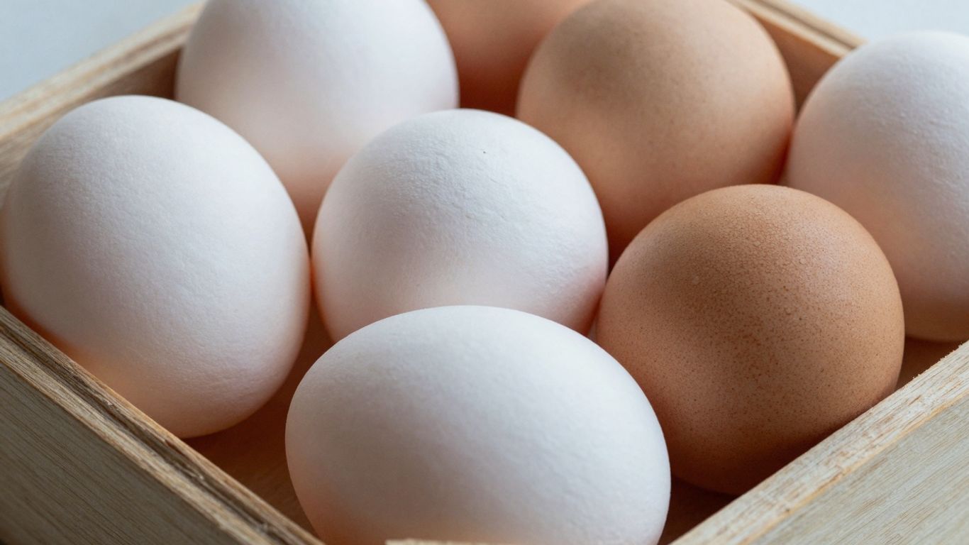 Fresh gamefowl eggs in a wooden crate, ready for purchase.