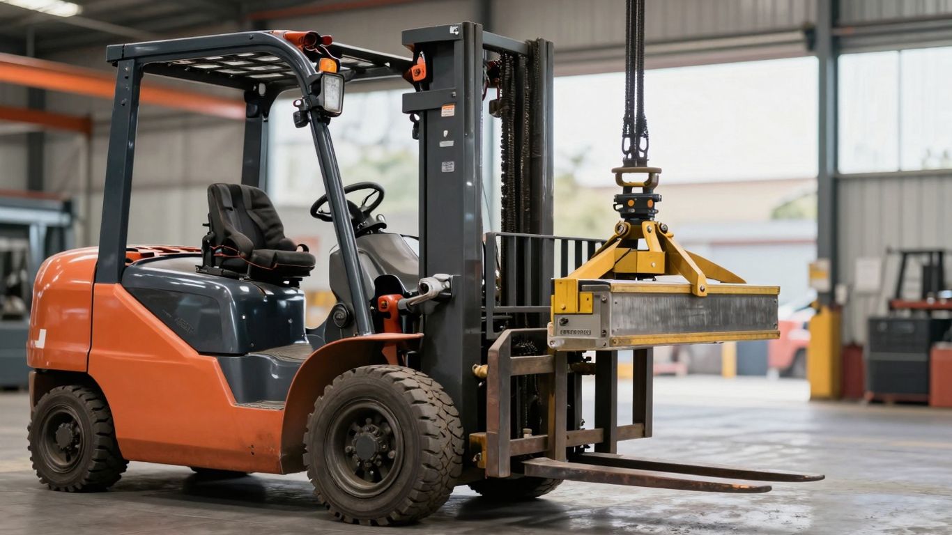 รถโฟล์คลิฟท์กำลังยกของหนักในคลังสินค้า