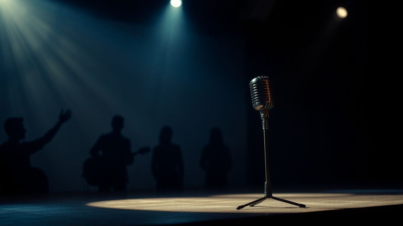 A spotlight on a vintage microphone on stage.