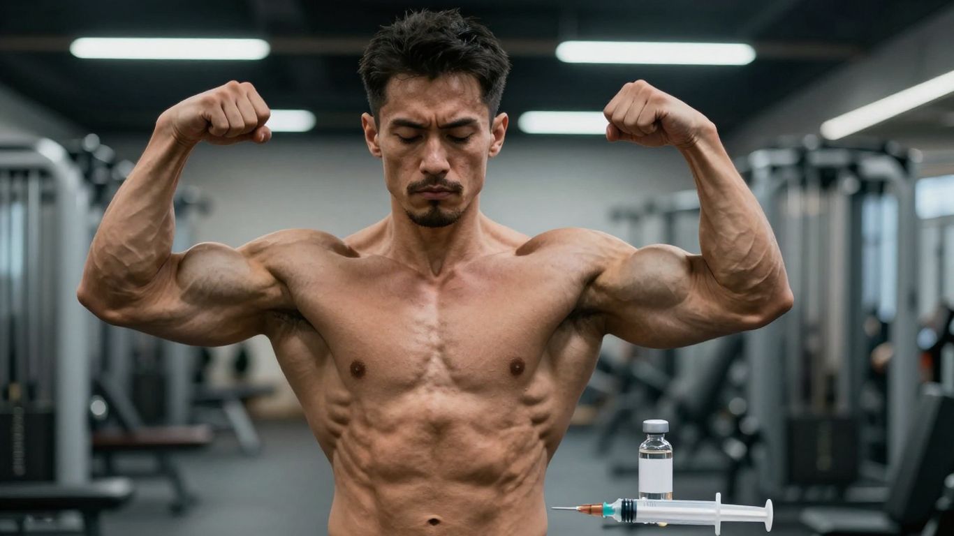 Bodybuilder with vial and syringe in gym