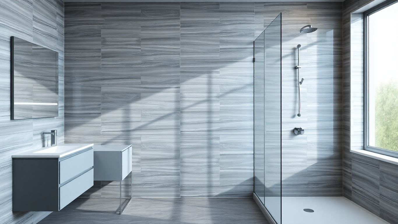 Linear grey tiles in a modern bathroom vanity and shower.