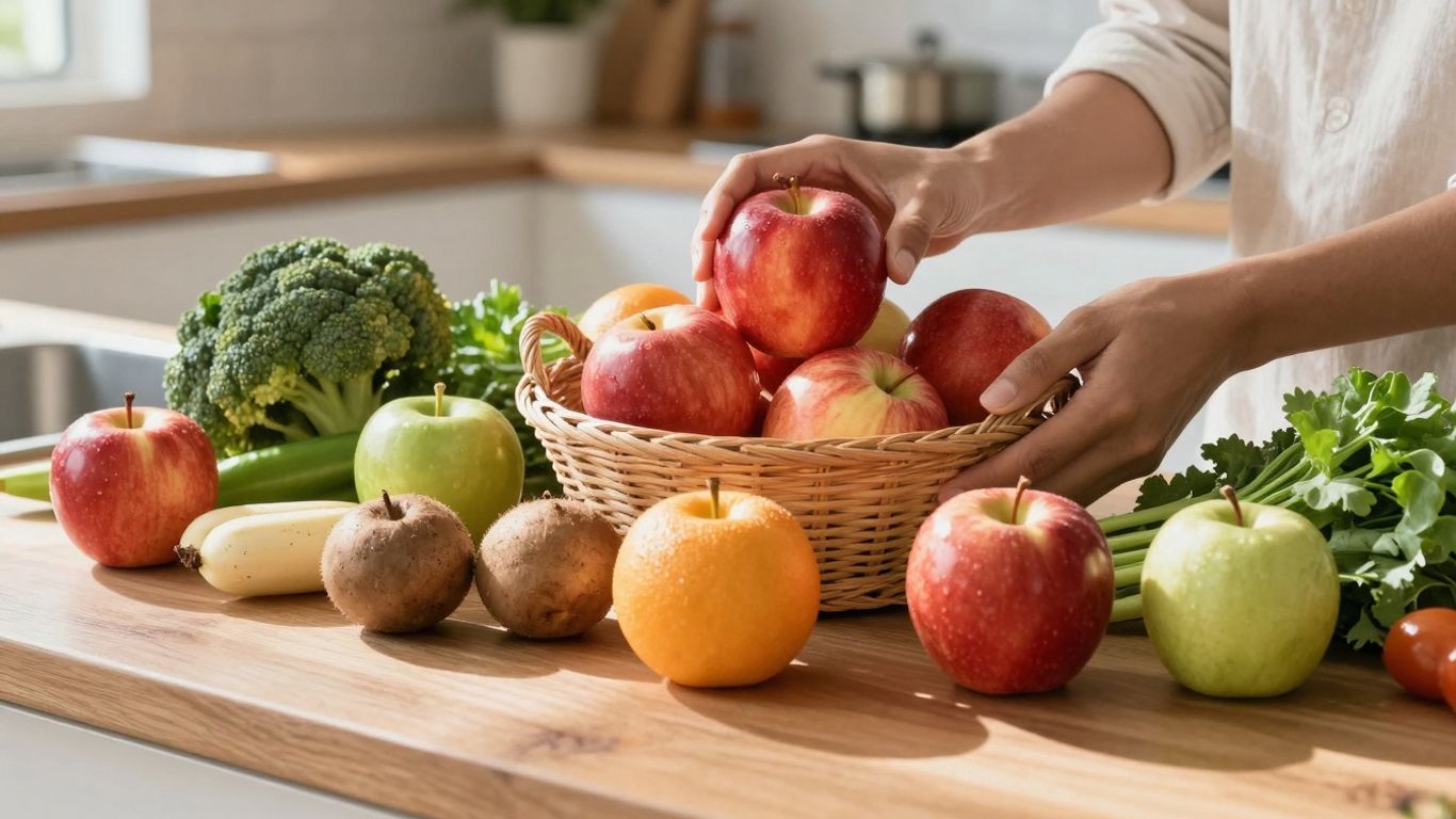 Frisches Obst und Gemüse auf einem Küchentisch