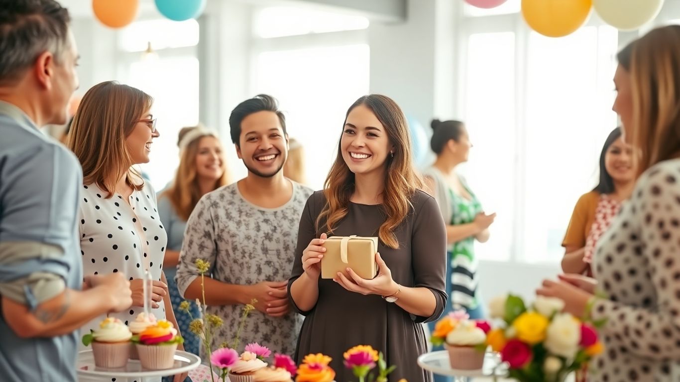 Happy guests at a fun, modern baby shower with colorful decorations.