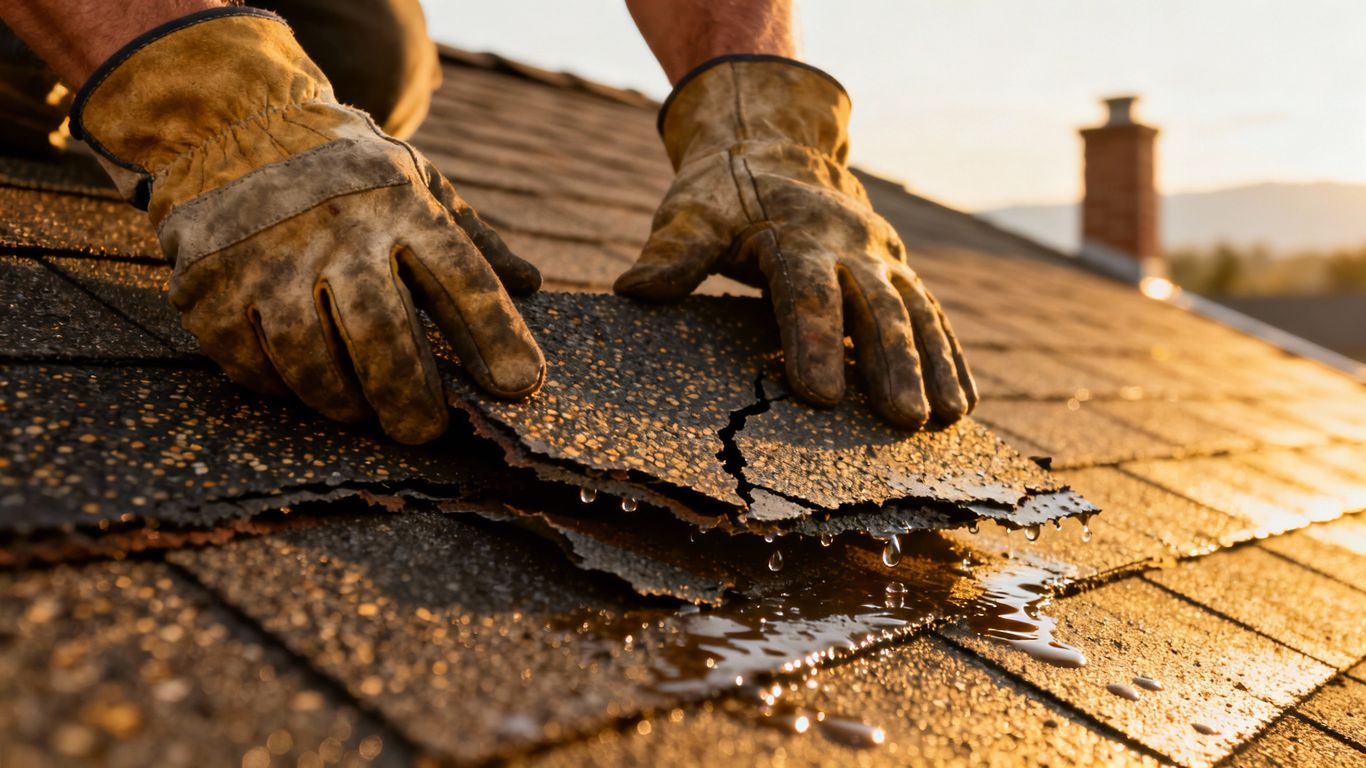 Roofer inspecting damaged shingles on a house.