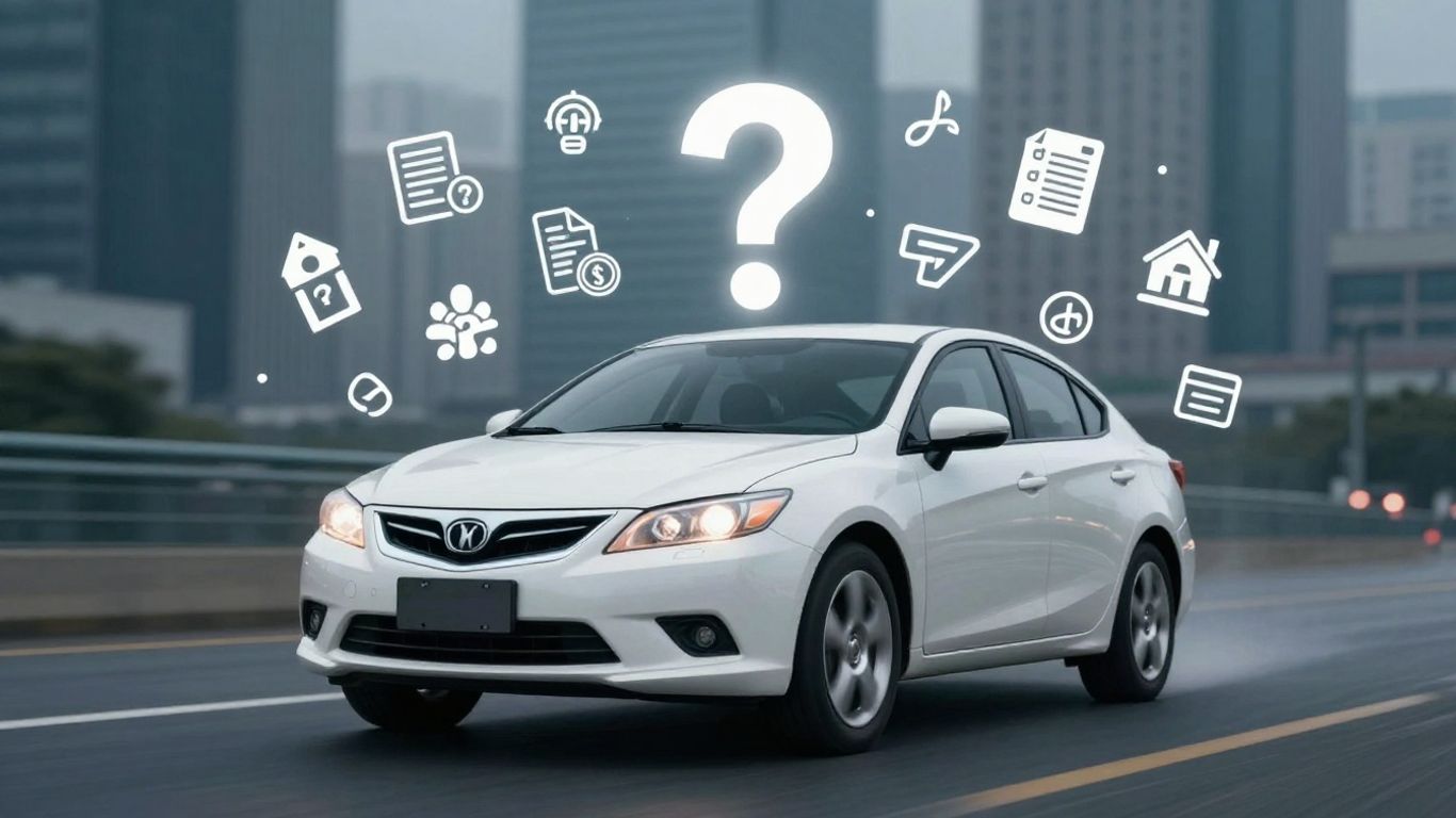 Car with question mark, insurance icons, blurred cityscape.