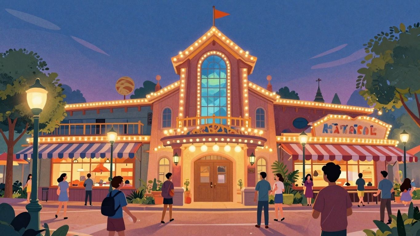 Colorful lights and lively atmosphere at Disney Springs at night.