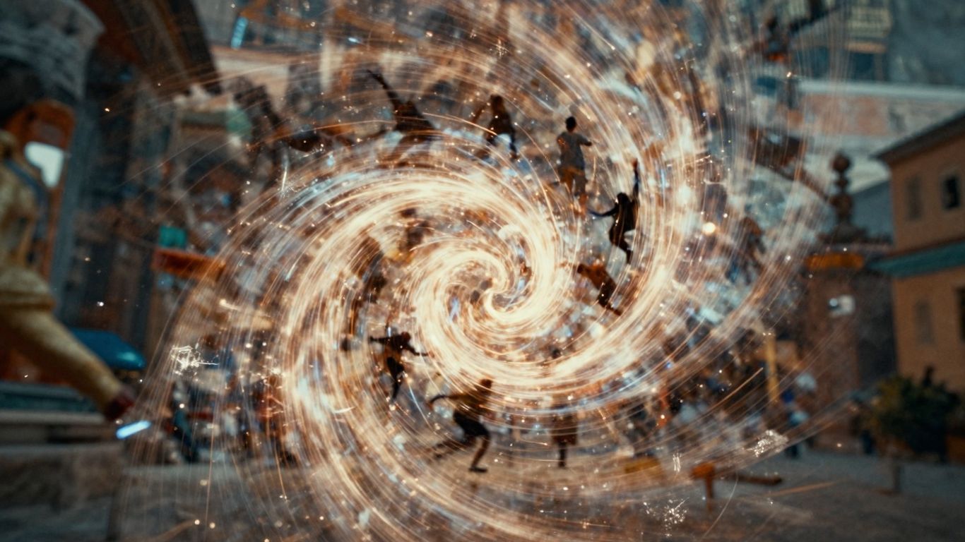 Wirująca mgławka czasu z sylwetkami ludzi w środku.