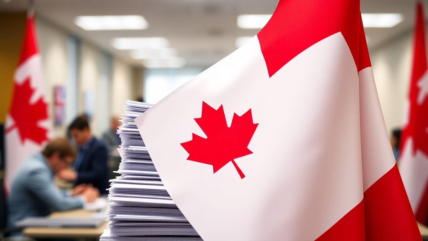 Canadian flag with immigration paperwork backlog.