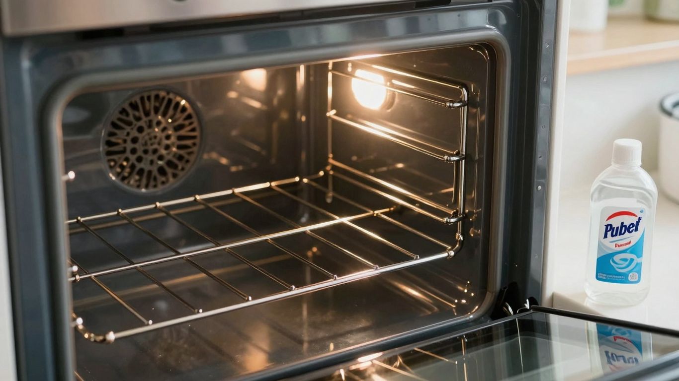 Sparkling oven interior with rubbing alcohol bottle.