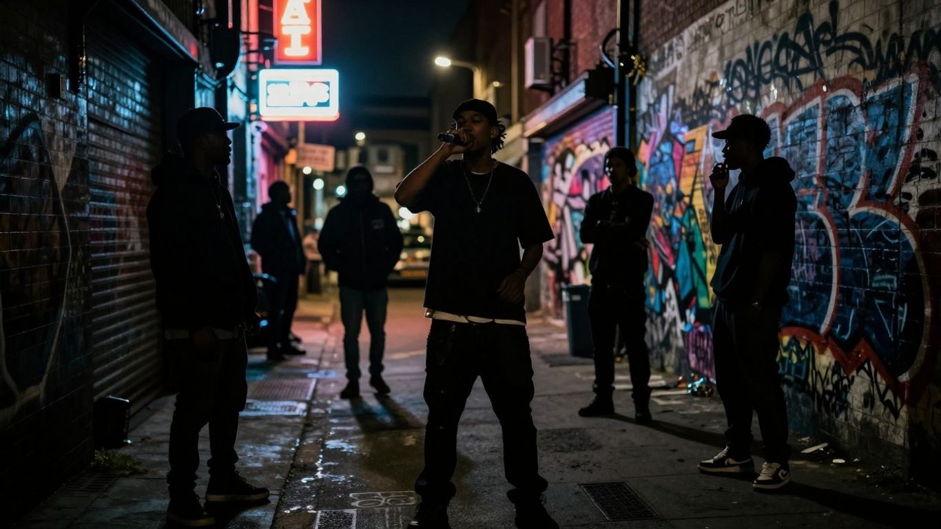 Urban street at night with neon lights and silhouettes.