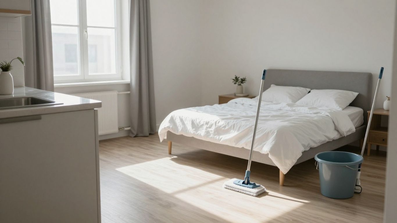 Clean living room, kitchen, and bedroom with sunlight.