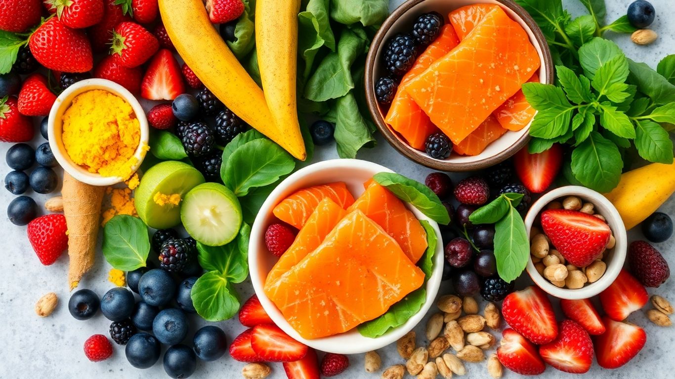 Colorful anti-inflammatory foods like berries, greens, and salmon.