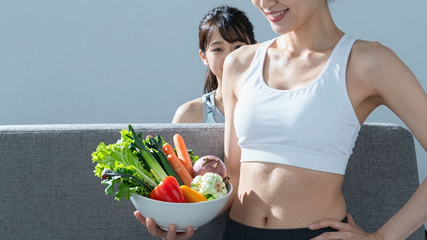Mulher japonesa com barriga chapada comendo comida saudável.