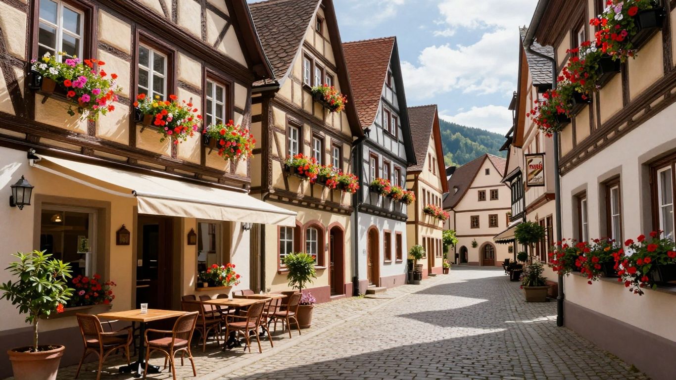 Malerische Gasse im Schwarzwald mit Fachwerkhäusern und Blumenkästen.