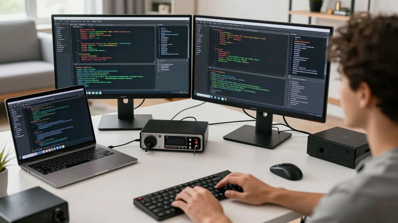 Sysadmin working remotely with multiple monitors and equipment.