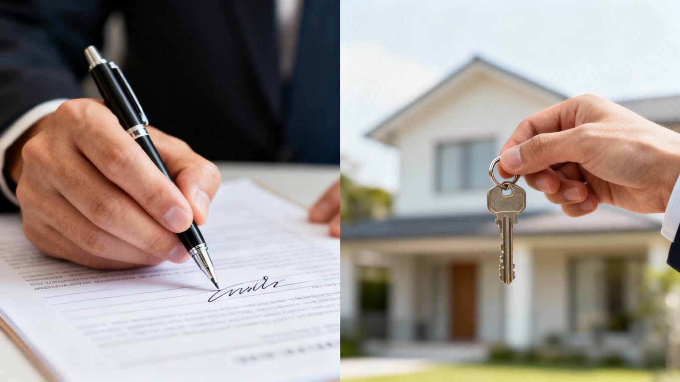 Two hands, one signing, one holding a key.