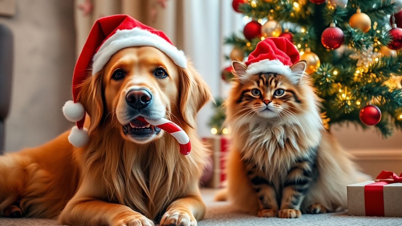 Dog and cat in Santa hats with Christmas tree.
