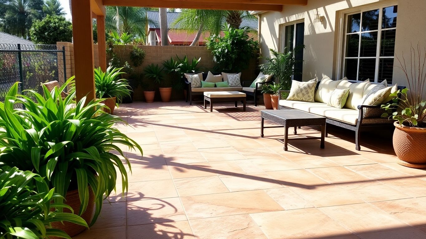 Patio with durable, stylish outdoor floor tiles.