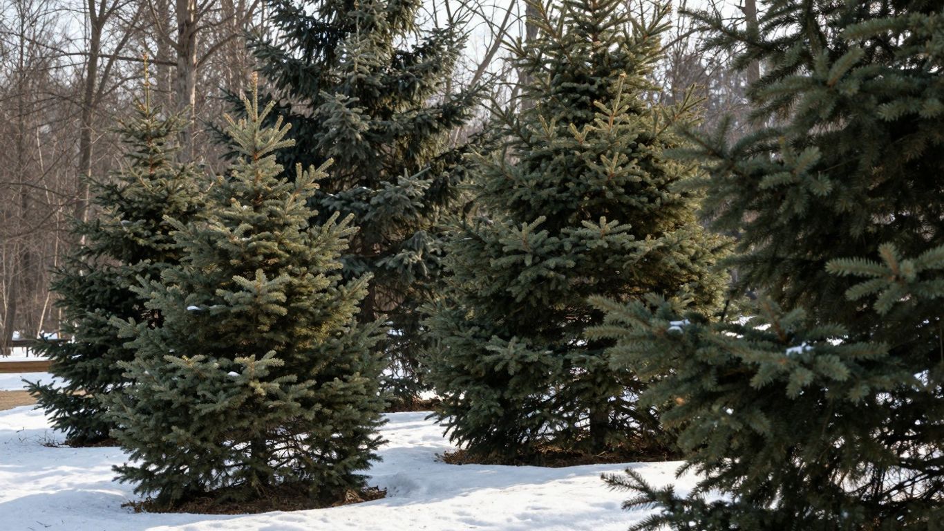 Evergreen trees in a snowy winter landscape.