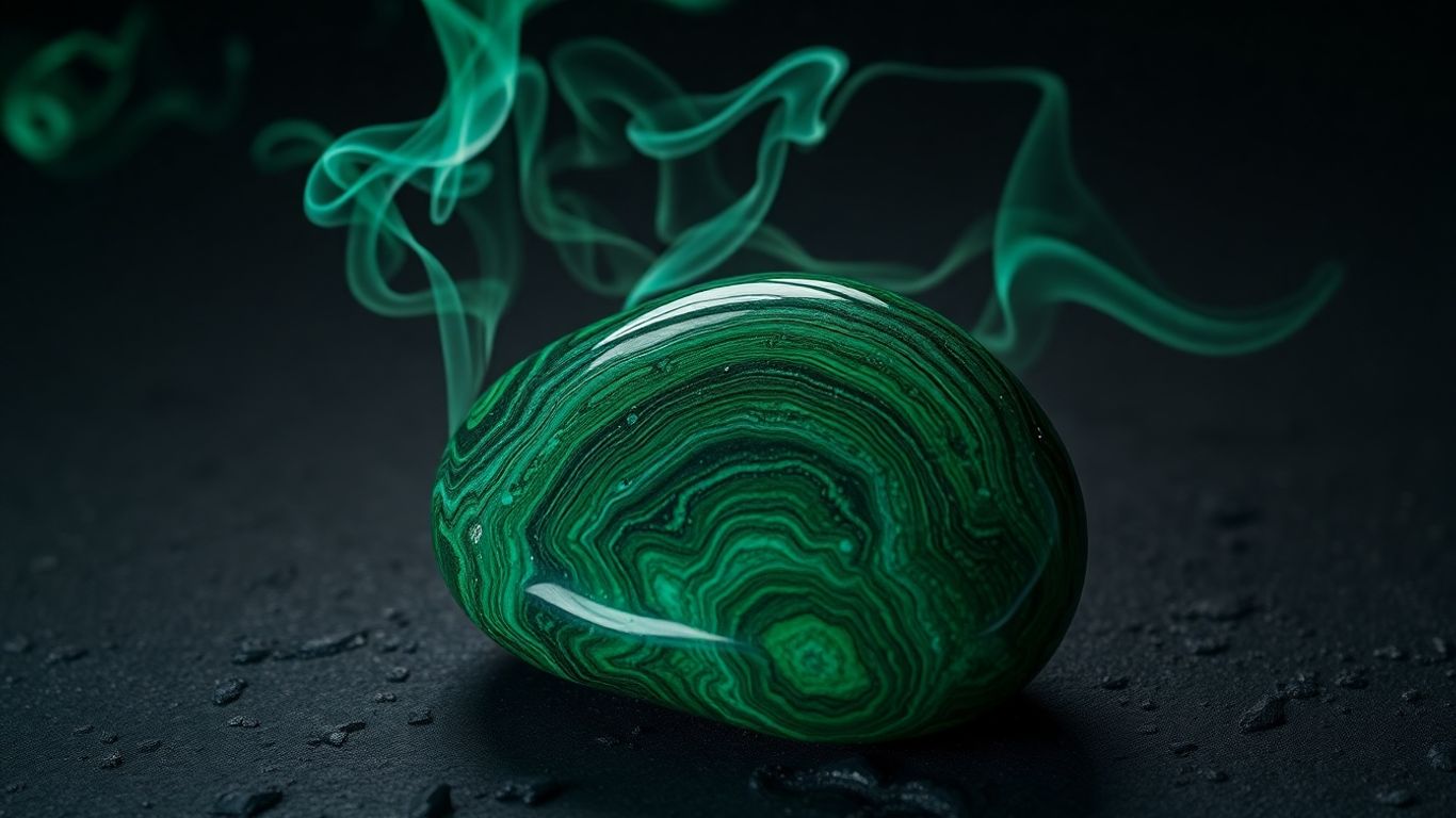 Polished malachite stone with green smoke swirling around it.