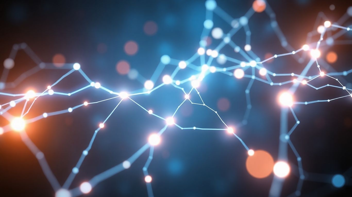 Abstract AI neural network with glowing light patterns.